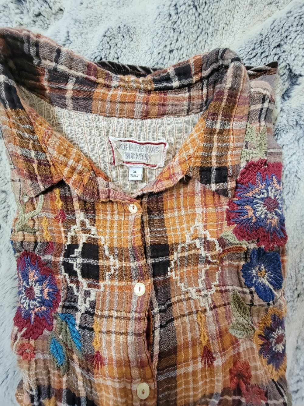 Johnny Was Olivia Plaid Velvet Back Oversized L/S Button Down Shirt Sz XL